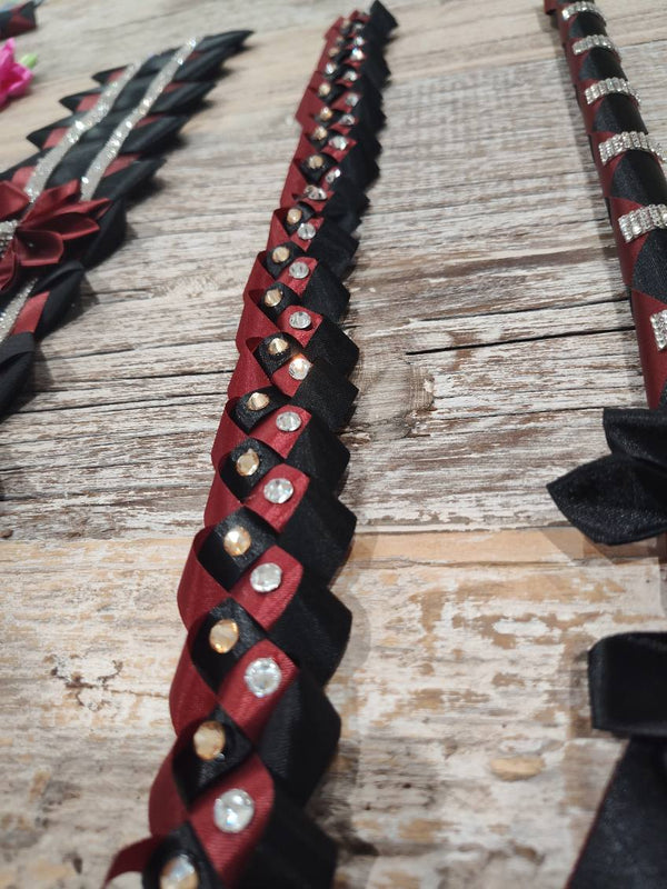 Maroon and black ribbon braid set with rhinestones, a handmade trim for a homecoming mum